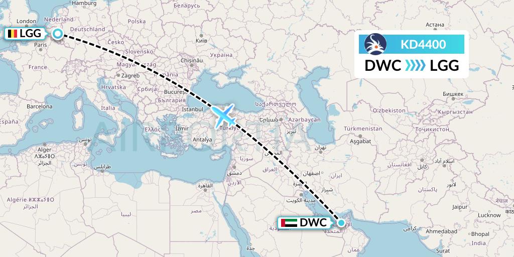 KD4400 KalStar Aviation Flight Map: Dubai to Liege