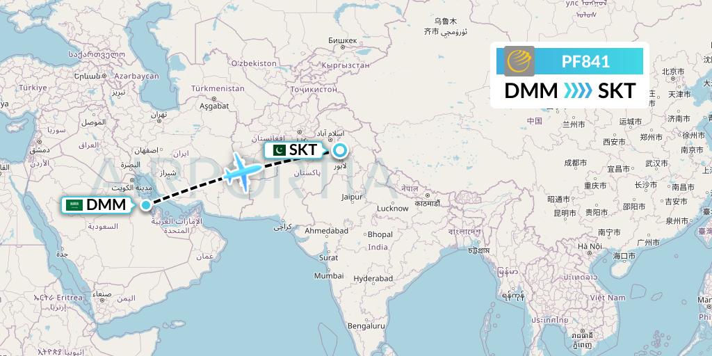 PF841 Air Sial Flight Map: Dammam to Sialkot