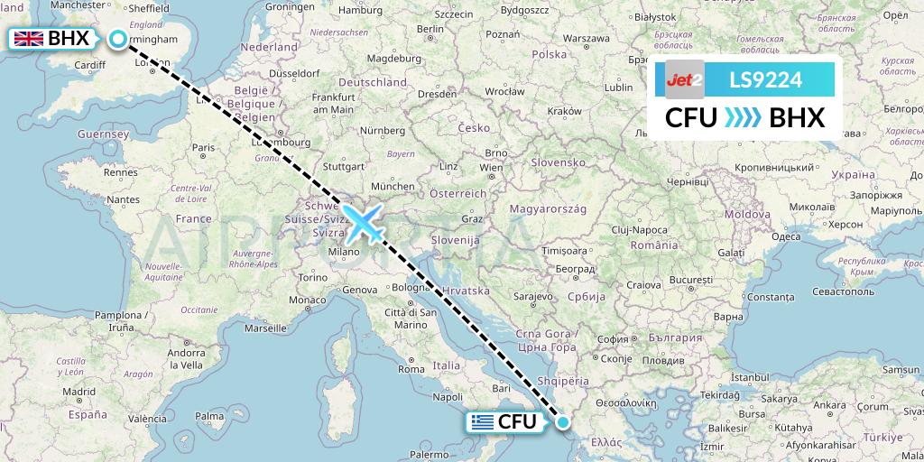 LS9224 Jet2 Flight Map: Corfu to Birmingham