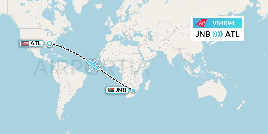 VS4094 Virgin Atlantic Airways Flight Map: Johannesburg to Atlanta