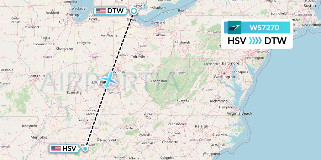WS7270 WestJet Flight Map: Huntsville to Detroit