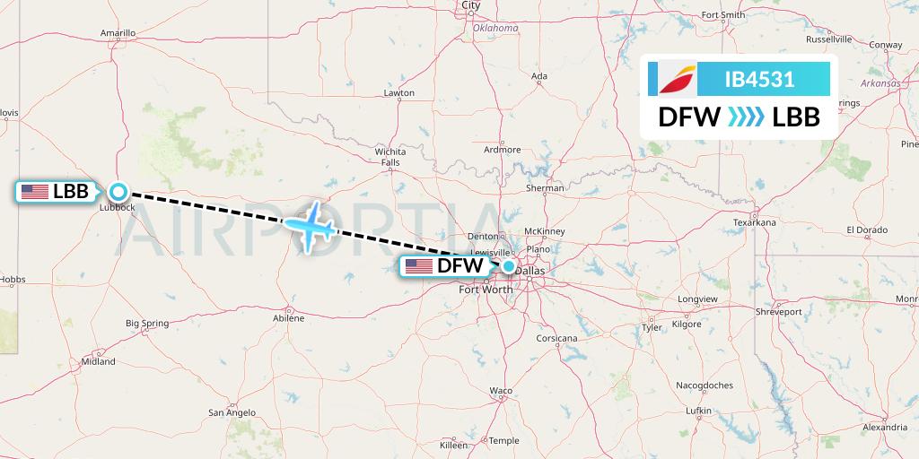IB4531 Iberia Flight Map: Dallas to Lubbock
