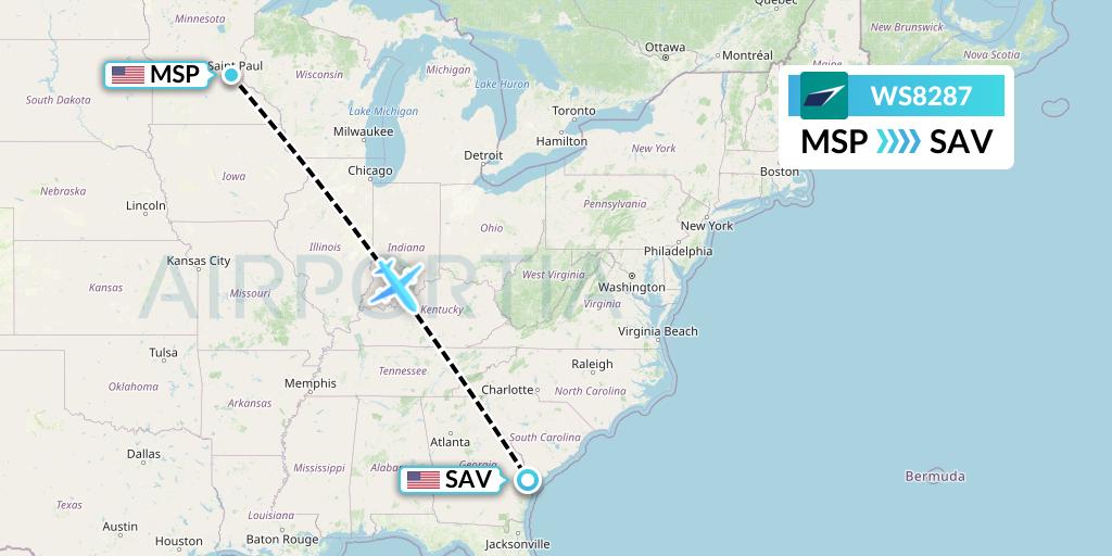 WS8287 WestJet Flight Map: Minneapolis to Savannah