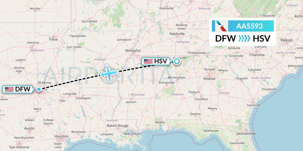 AA5593 American Airlines Flight Map: Dallas to Huntsville