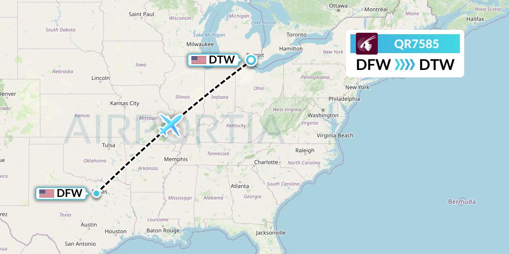 QR7585 Qatar Airways Flight Map: Dallas to Detroit