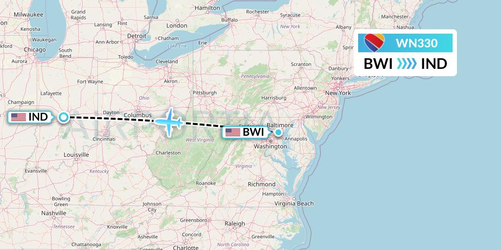 WN330 Southwest Airlines Flight Map: Baltimore to Indianapolis