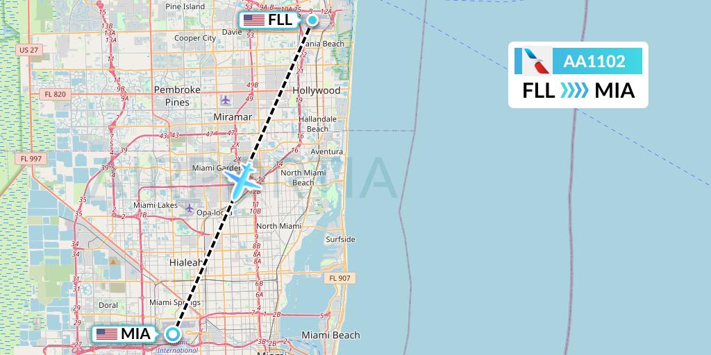 AA1102 American Airlines Flight Map: Fort Lauderdale to Miami