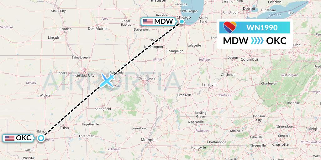 WN1990 Southwest Airlines Flight Map: Chicago to Oklahoma City