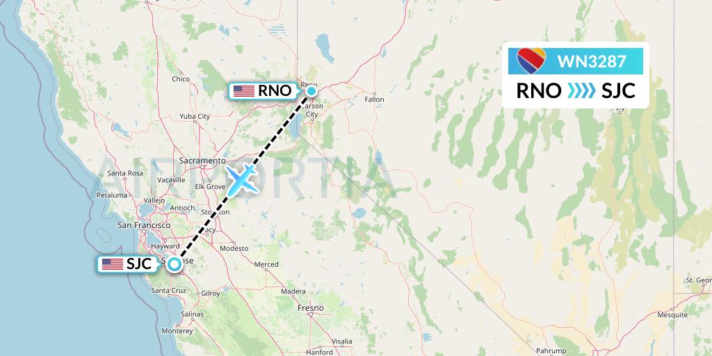 WN3287 Southwest Airlines Flight Map: Reno to San Jose