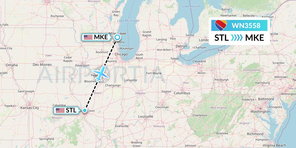 WN3558 Southwest Airlines Flight Map: St. Louis to Milwaukee