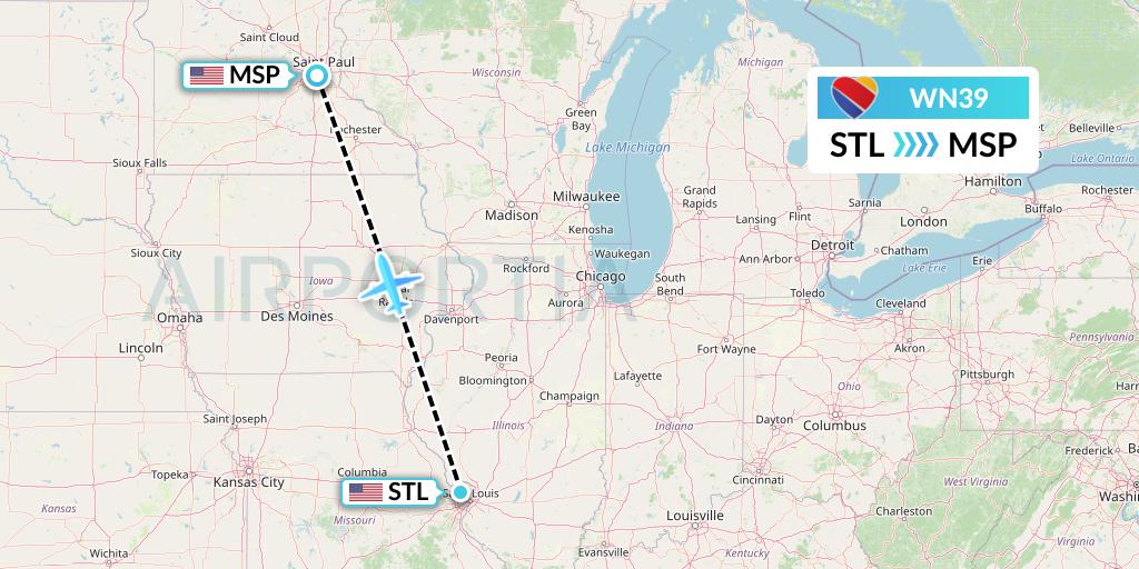WN39 Southwest Airlines Flight Map: St. Louis to Minneapolis