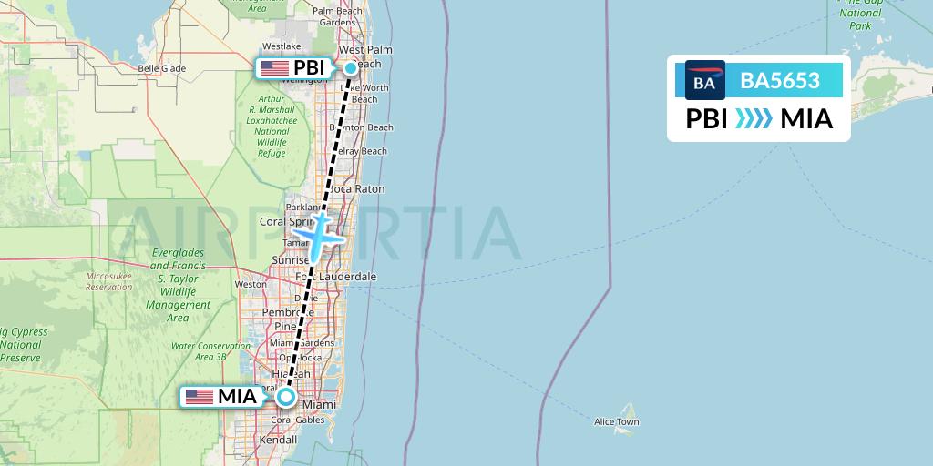 BA5653 British Airways Flight Map: West Palm Beach to Miami
