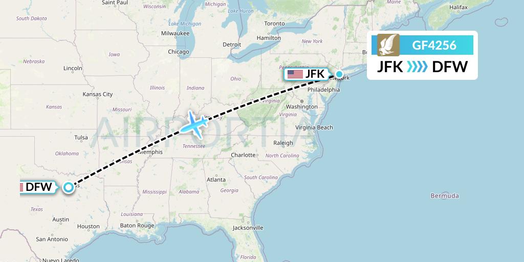 GF4256 Gulf Air Flight Map: New York to Dallas