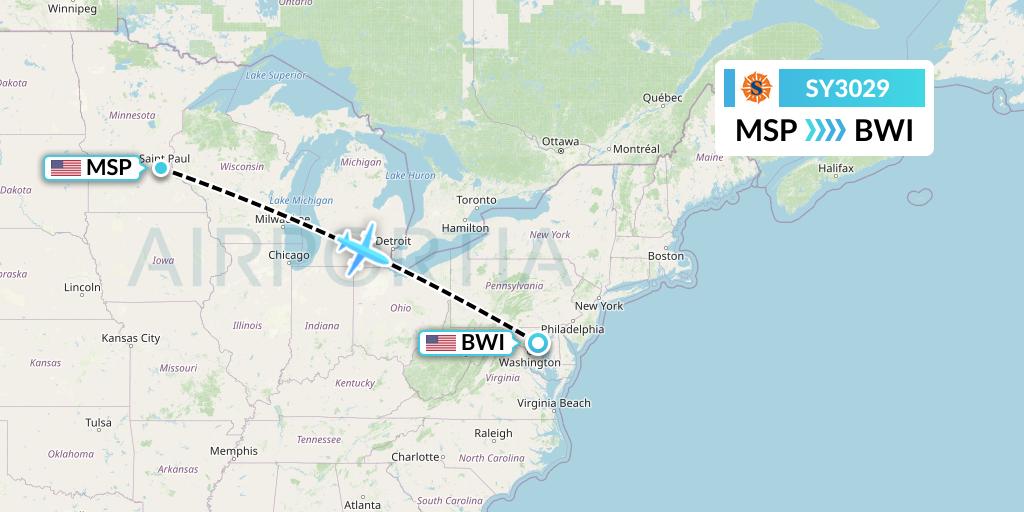SY3029 Sun Country Airlines Flight Map: Minneapolis to Baltimore