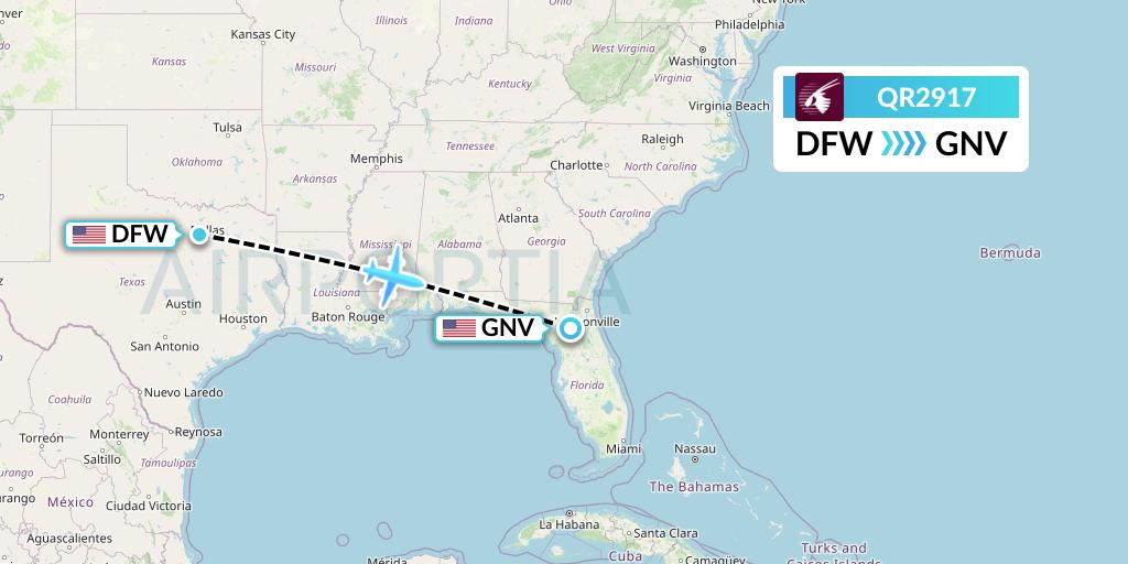 QR2917 Qatar Airways Flight Map: Dallas to Gainesville