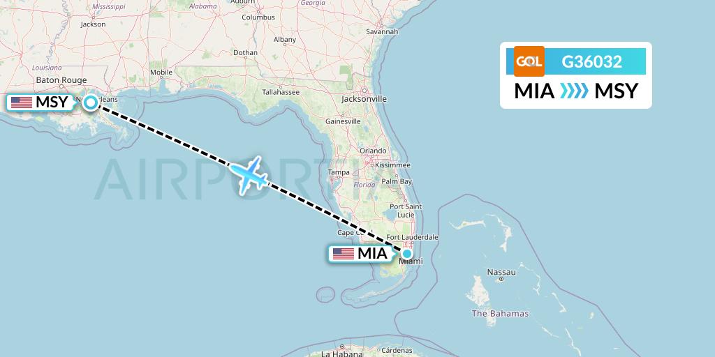 G36032 GOL Transportes Aeros Flight Map: Miami to New Orleans