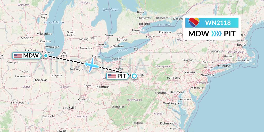 WN2118 Southwest Airlines Flight Map: Chicago to Pittsburgh
