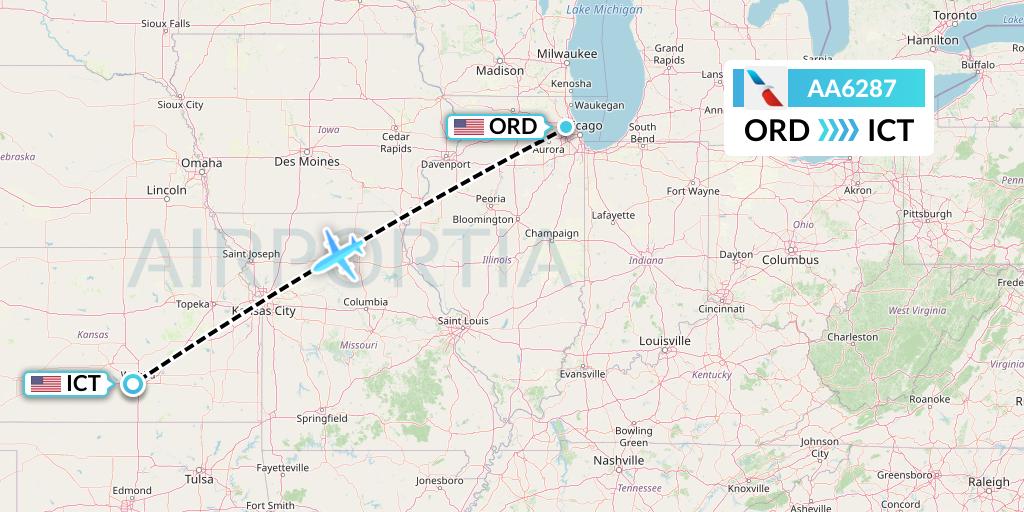 AA6287 American Airlines Flight Map: Chicago to Wichita