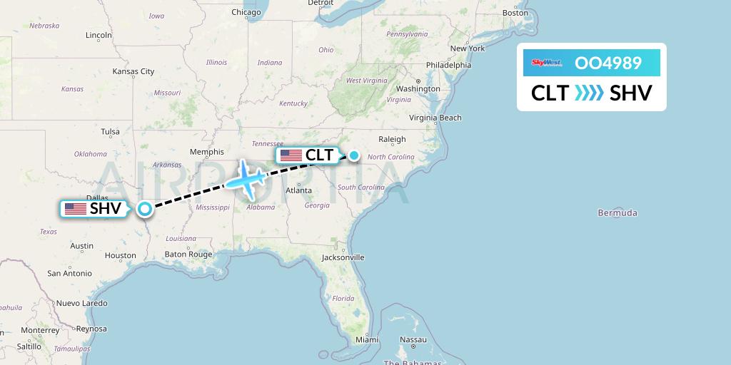 OO4989 SkyWest Airlines Flight Map: Charlotte to Shreveport