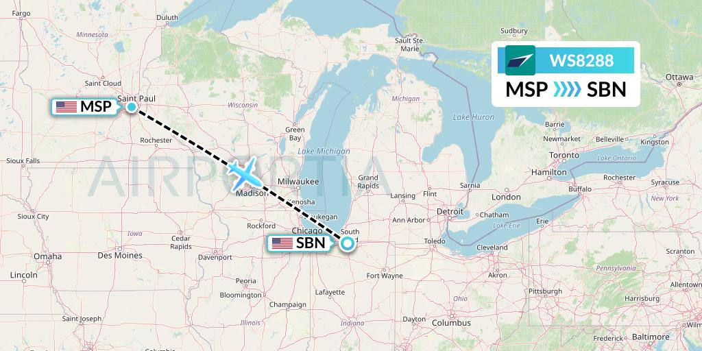 WS8288 WestJet Flight Map: Minneapolis to South Bend