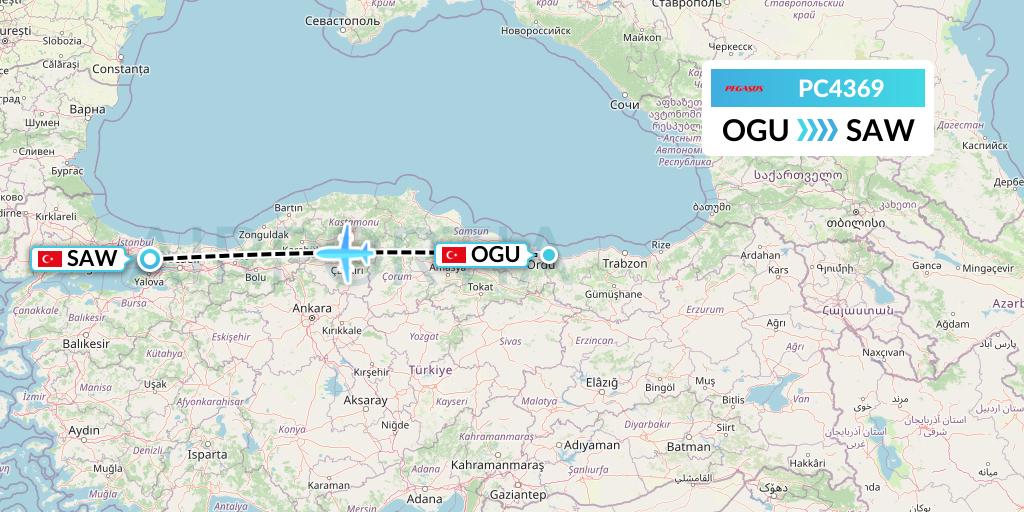 PC4369 Pegasus Airlines Flight Map: Ordu to Istanbul