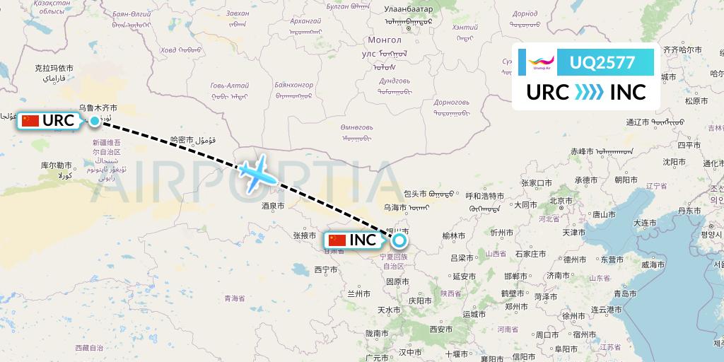 UQ2577 Urumqi Airlines Flight Map: Urumqi to Yinchuan