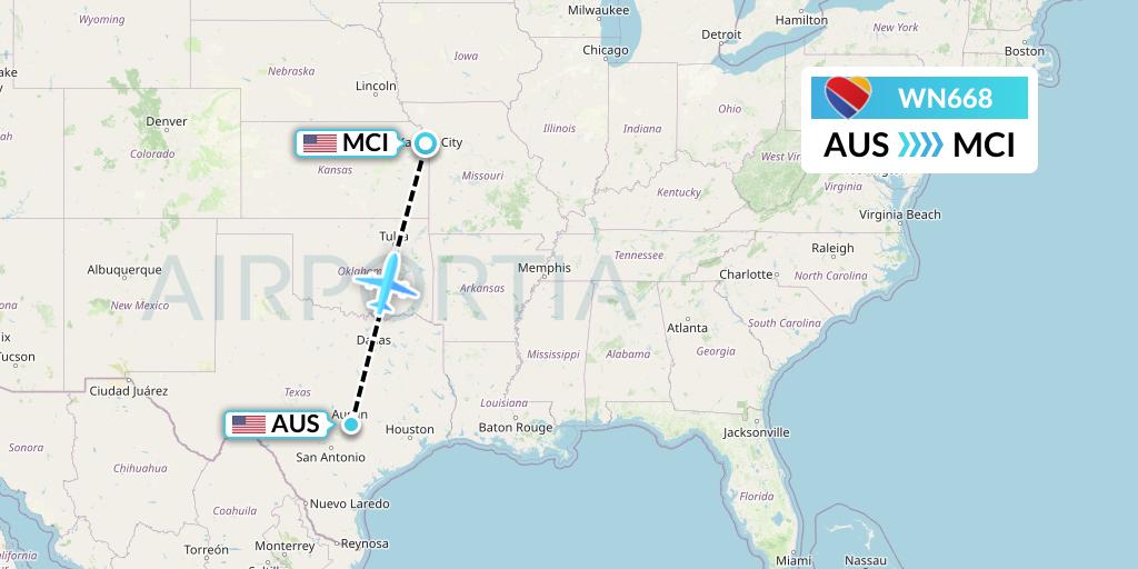 WN668 Southwest Airlines Flight Map: Austin to Kansas City
