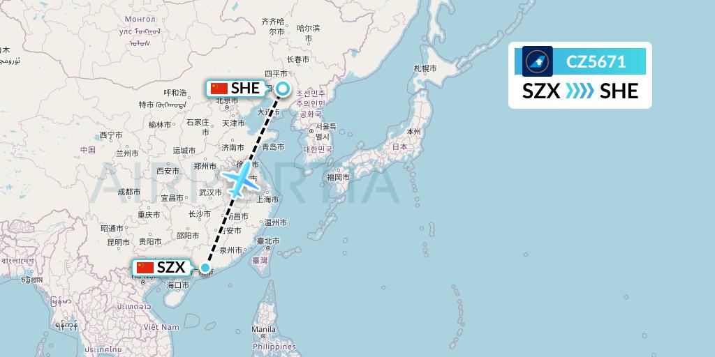 CZ5671 China Southern Airlines Flight Map: Shenzhen to Shenyang
