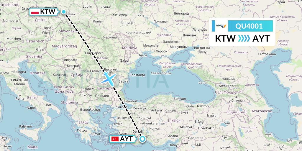QU4001 Azur Air Ukraine Flight Map: Katowice to Antalya
