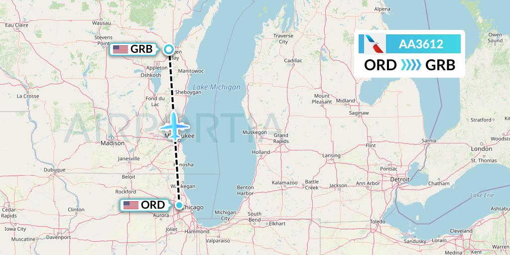 AA3612 American Airlines Flight Map: Chicago to Green Bay
