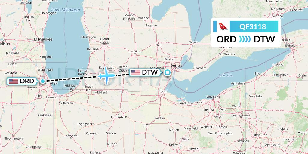 QF3118 Qantas Flight Map: Chicago to Detroit