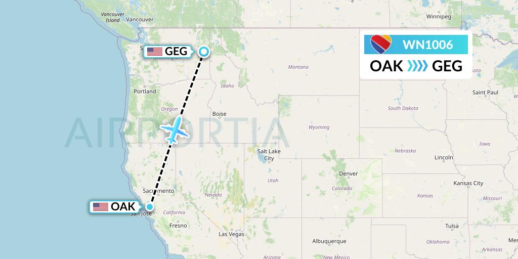 WN1006 Southwest Airlines Flight Map: Oakland to Spokane