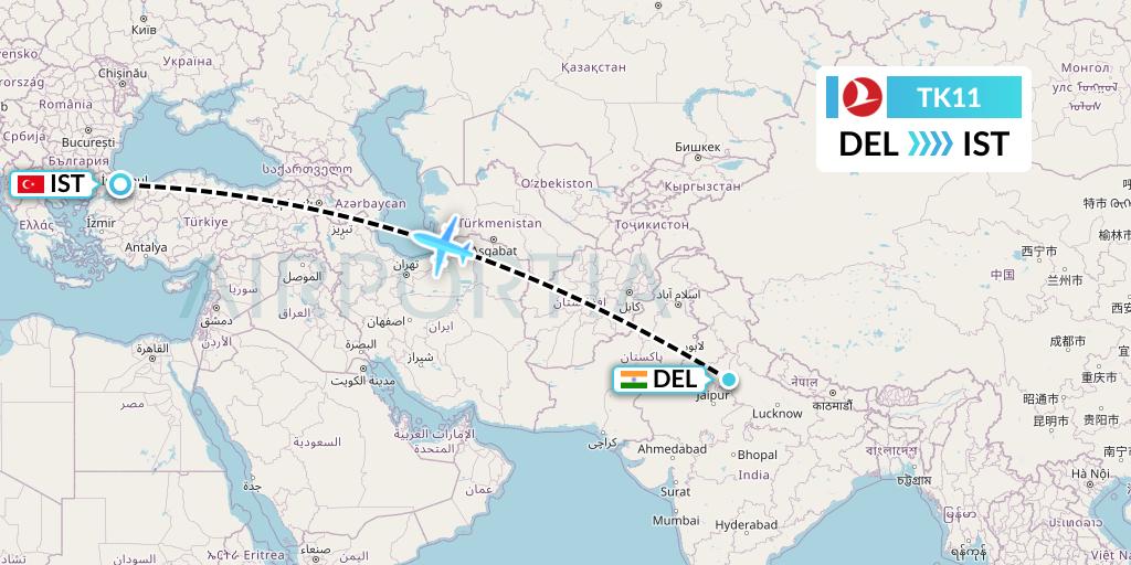 TK11 Turkish Airlines Flight Map: Delhi to Istanbul