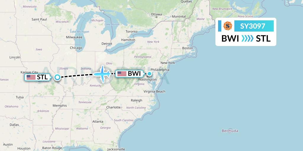 SY3097 Sun Country Airlines Flight Map: Baltimore to St. Louis