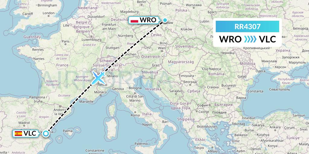 RR4307 Royal Air Force Flight Map: Wroclaw to Valencia