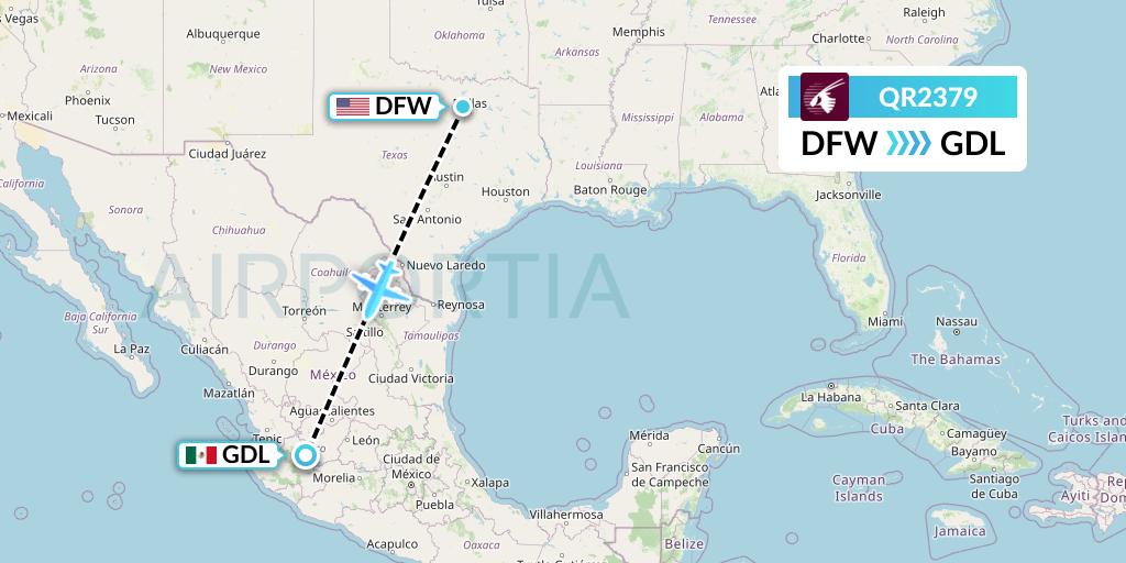 QR2379 Qatar Airways Flight Map: Dallas to Guadalajara