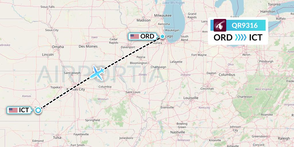 QR9316 Qatar Airways Flight Map: Chicago to Wichita