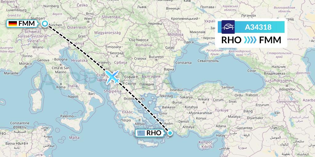 A34318 Aegean Airlines Flight Map: Rhodes to Memmingen