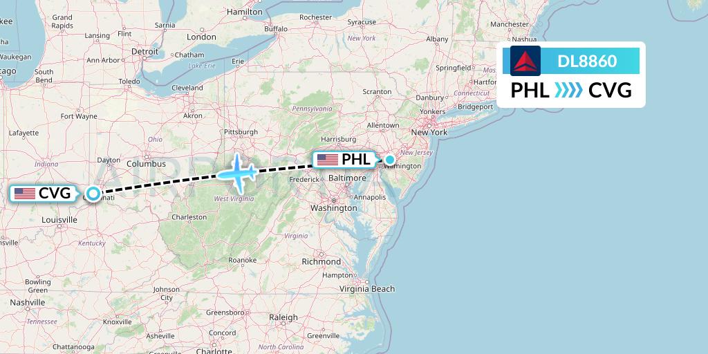 DL8860 Delta Air Lines Flight Map: Philadelphia to Cincinnati