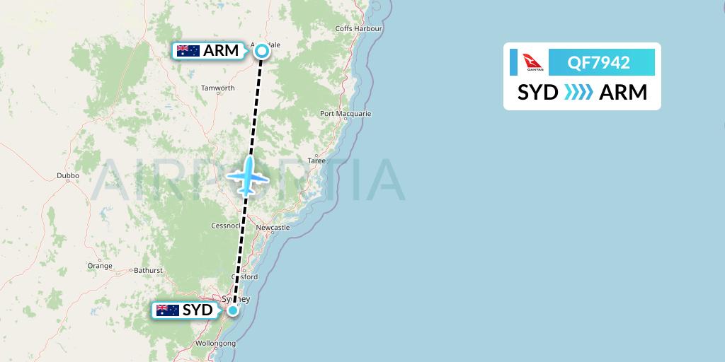 QF7942 Qantas Flight Map: Sydney to Armidale