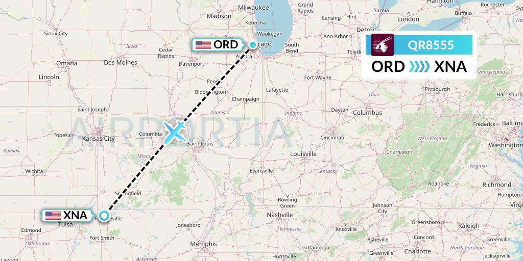 QR8555 Qatar Airways Flight Map: Chicago to Bentonville