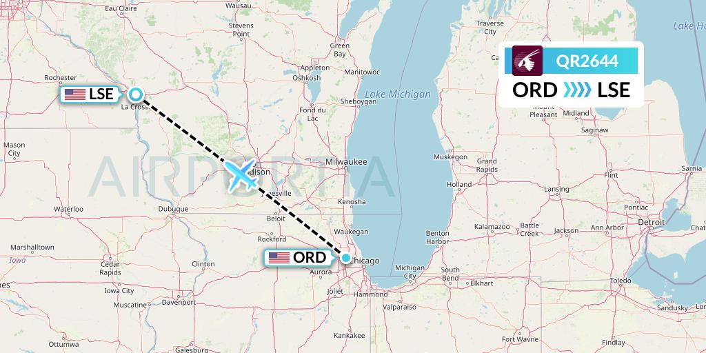 QR2644 Qatar Airways Flight Map: Chicago to La Crosse
