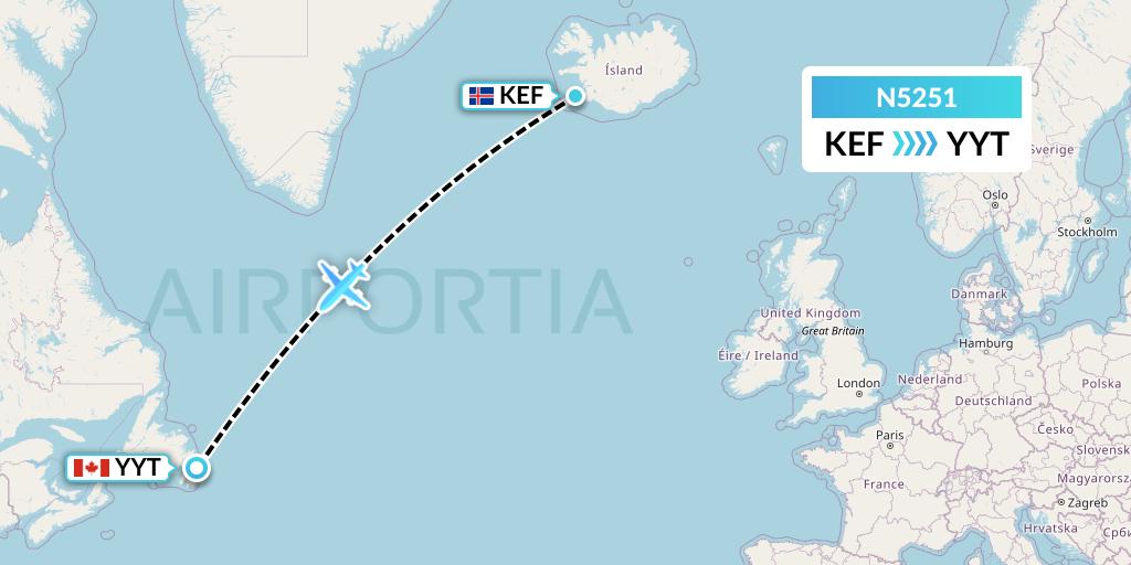 N5251 Nolinor Aviation Flight Map: Reykjavik to St. John's