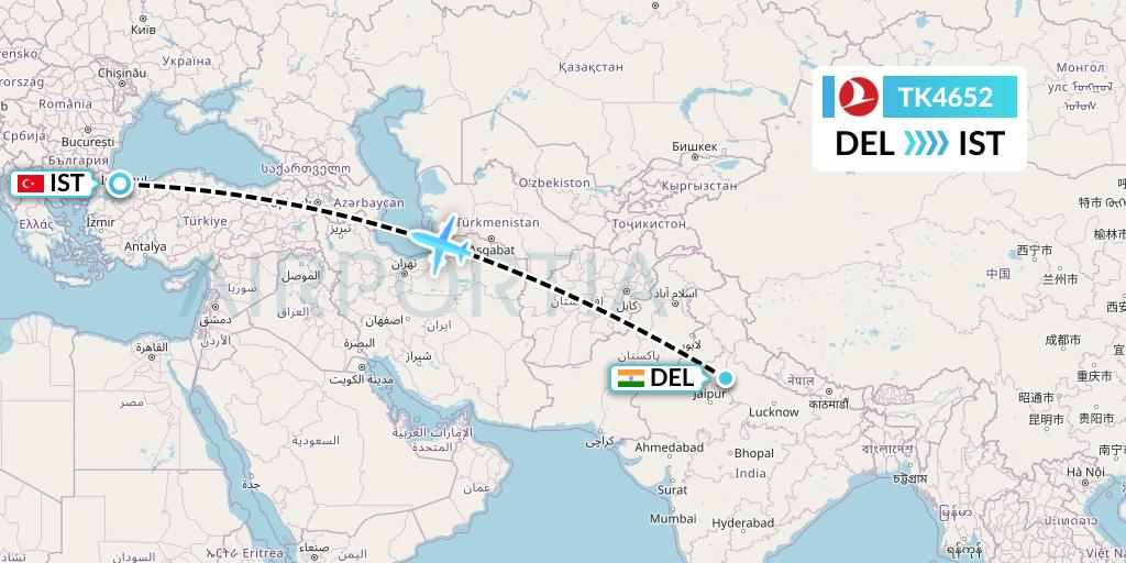 TK4652 Turkish Airlines Flight Map: Delhi to Istanbul