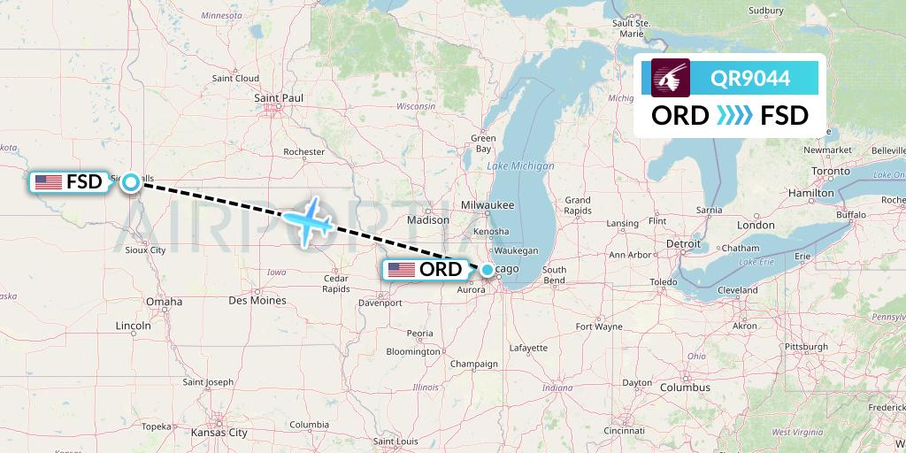 QR9044 Qatar Airways Flight Map: Chicago to Sioux Falls