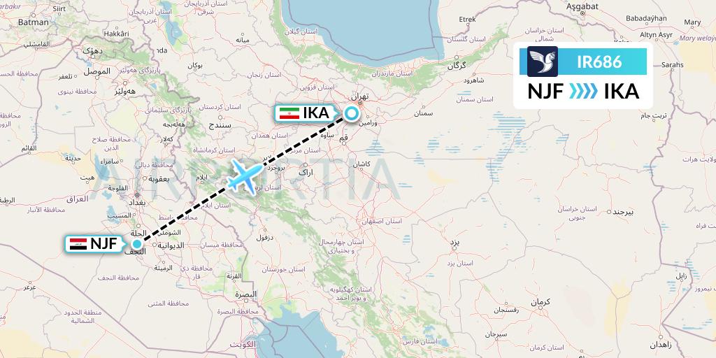 IR686 Iran Air Flight Map: Najaf to Tehran