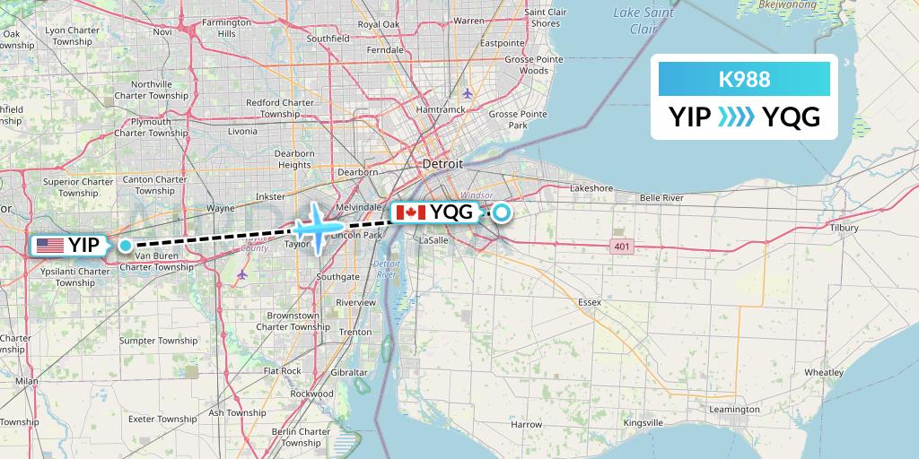 K988 Kalitta Charters Flight Map: Detroit to Windsor