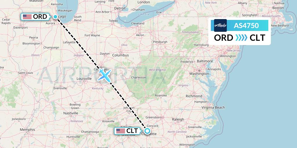 AS4750 Alaska Airlines Flight Map: Chicago to Charlotte