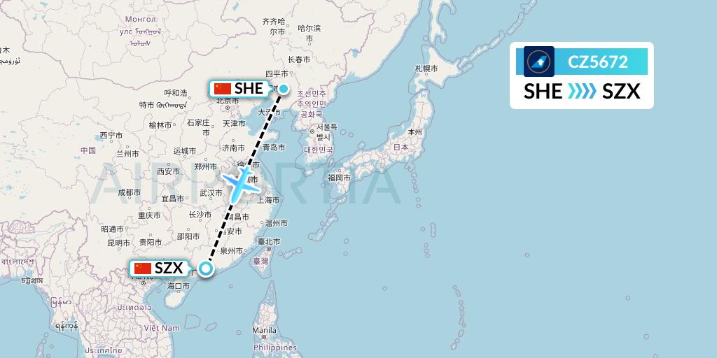 CZ5672 China Southern Airlines Flight Map: Shenyang to Shenzhen
