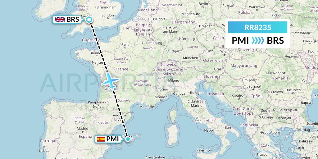 RR8235 Royal Air Force Flight Map: Palma de Mallorca to Bristol